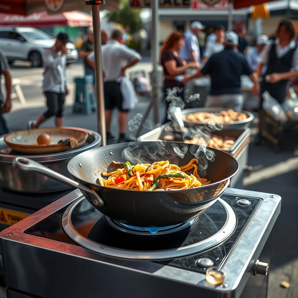 A round wok sitting in a curved induction wok burner at an outdoor food stall, with noodles steaming inside