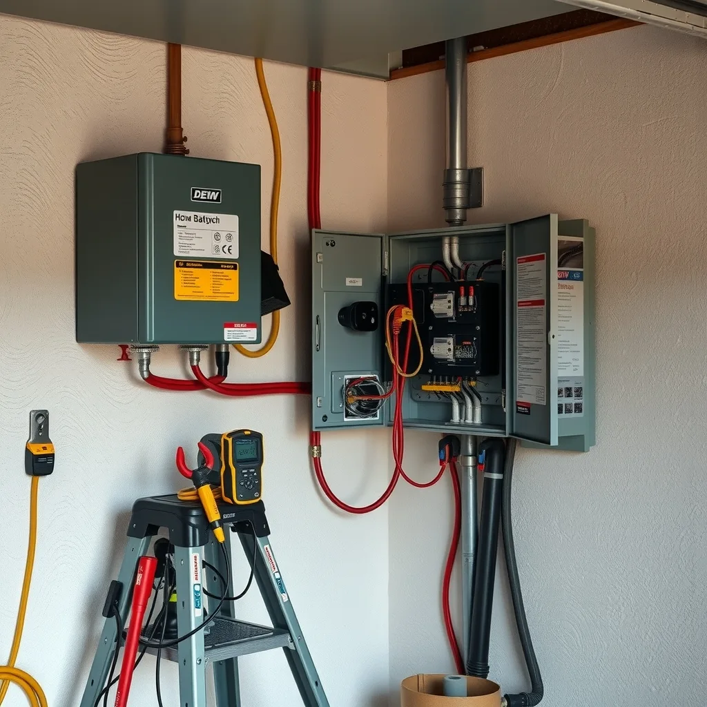 Wall-mounted home battery and open switchboard in an Australian garage during installation