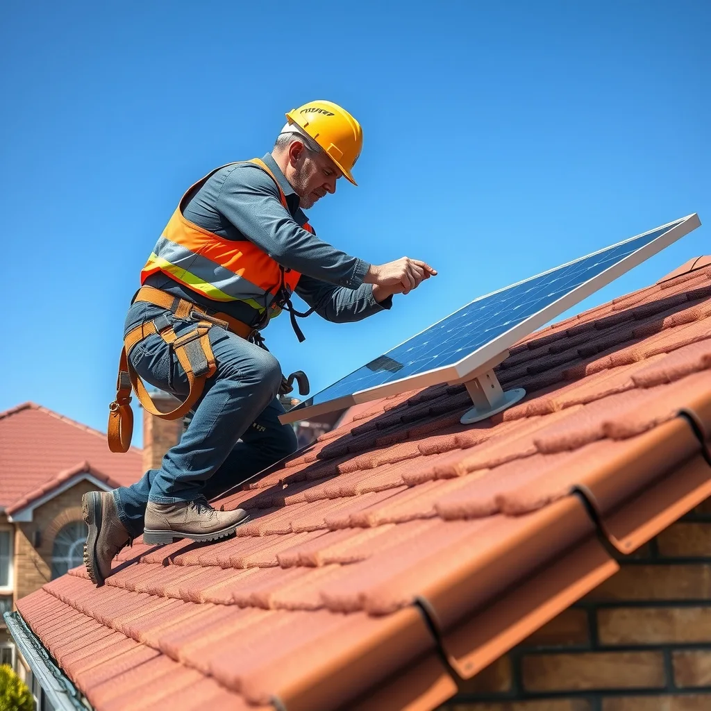 Electrician in hi-vis fitting a solar panel on the roof of a suburban Australian house