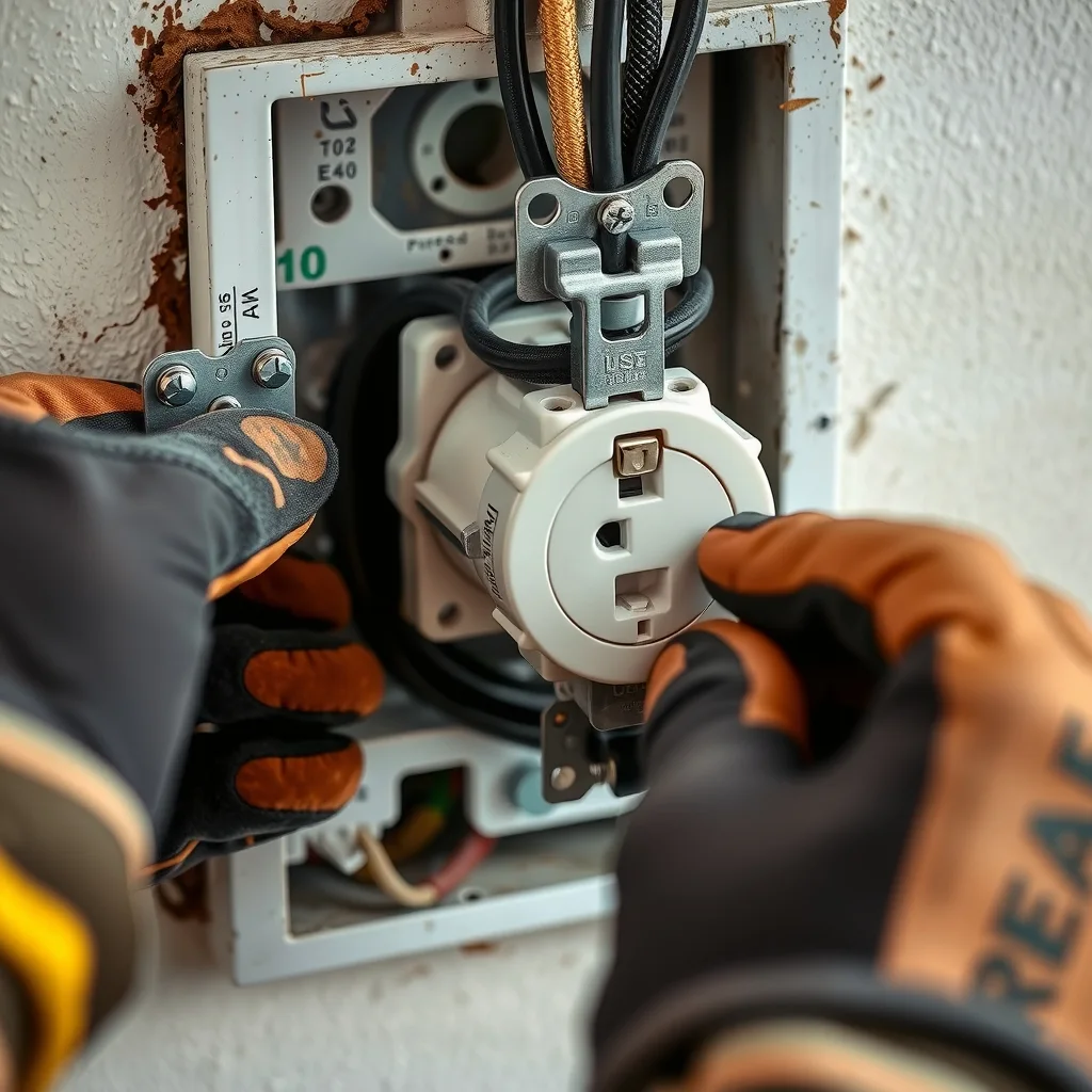 Close-up of a power point mechanism being wired into a wall box