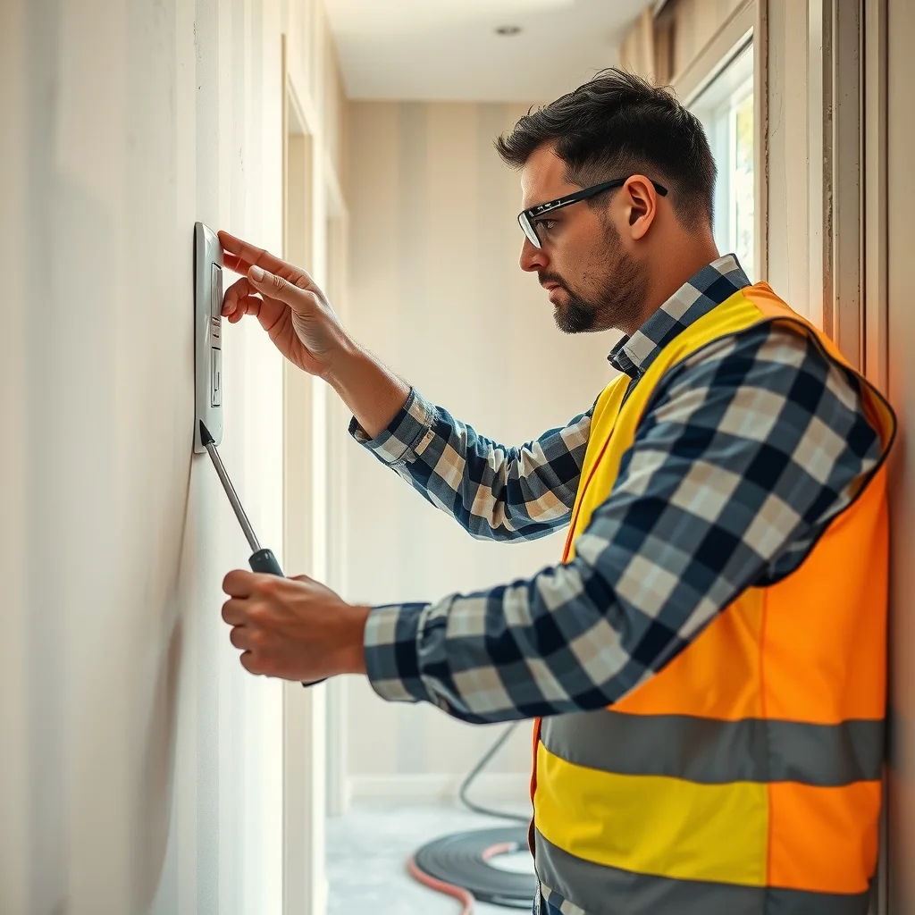 An electrician fitting a wall switch plate in a new residential build