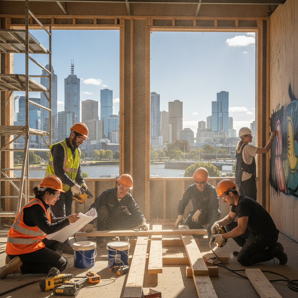 Apprentices working on a Melbourne building renovation with city skyline in background