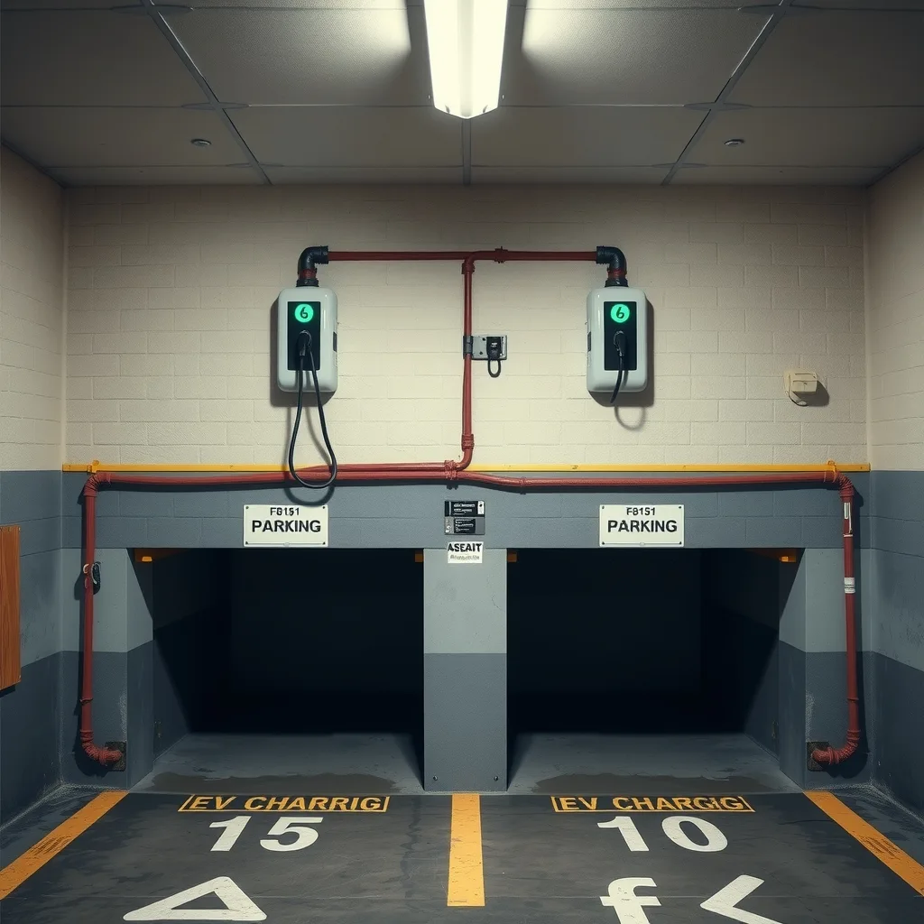 Unbranded EV chargers mounted above bays in an apartment basement car park
