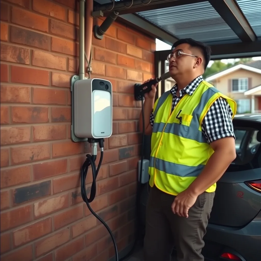 Electrician fitting a wall-mounted EV charger in a suburban Australian carport