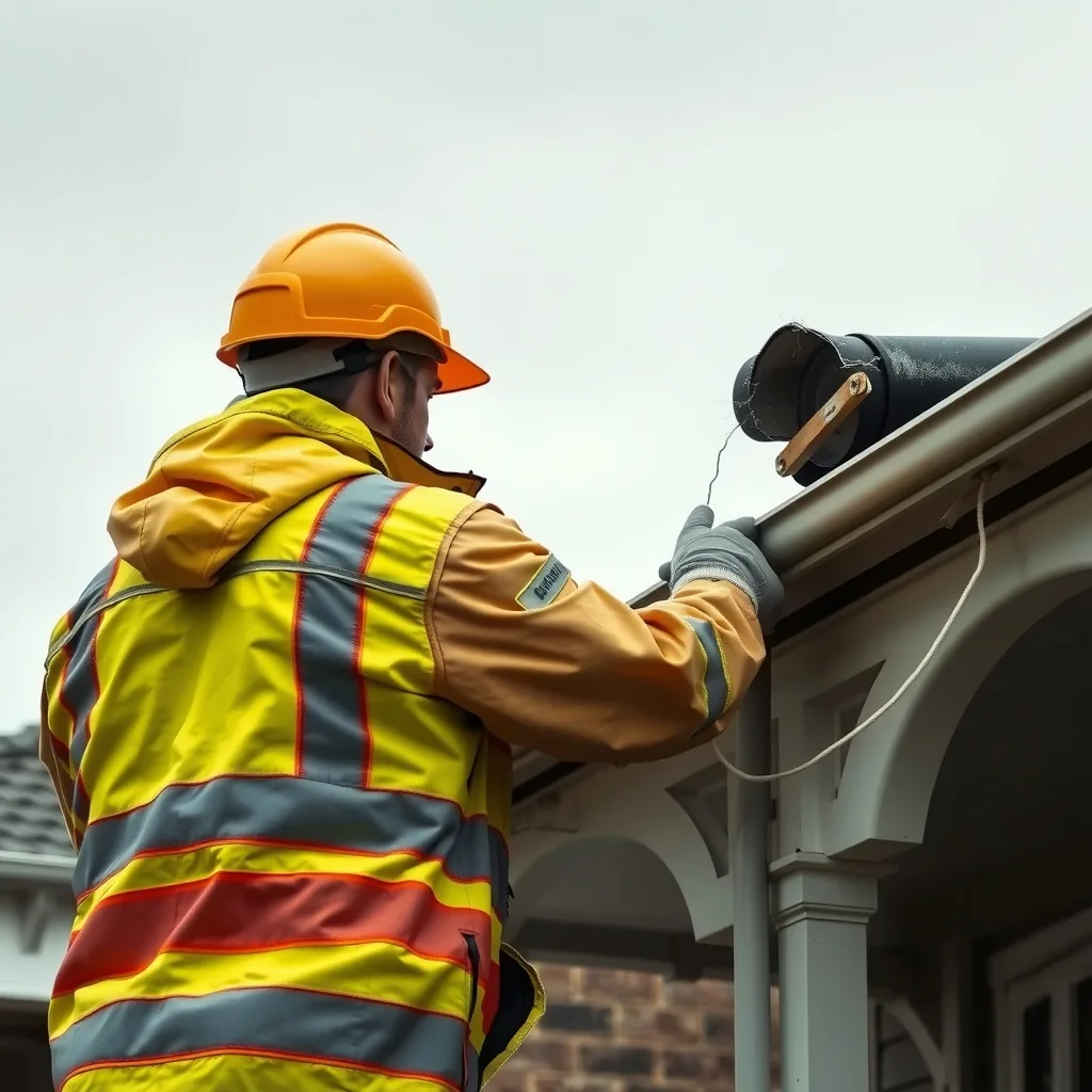 Tradesperson in wet weather gear inspecting a storm-damaged roof and gutter on an Australian home