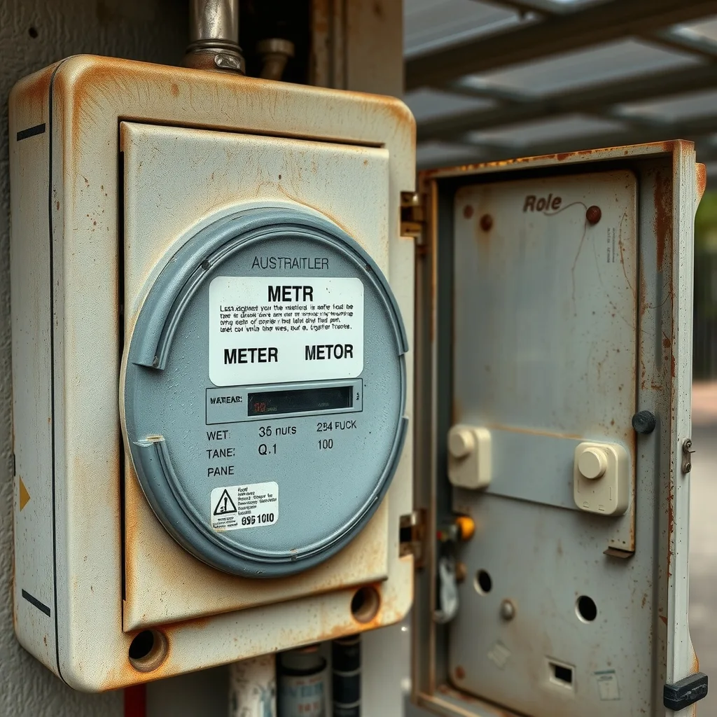 Weather-damaged external meter box on an Australian home with the door open