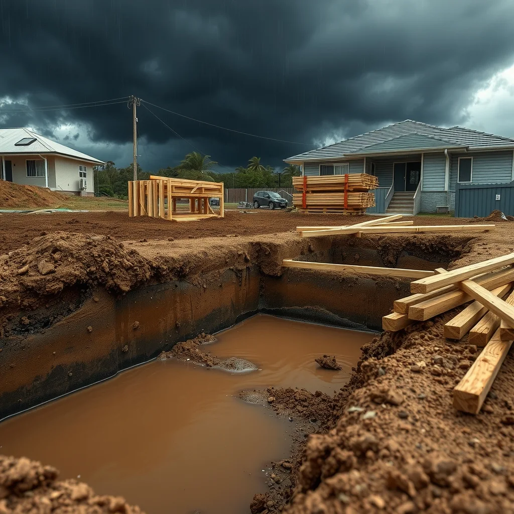Waterlogged excavation and muddy ground on an Australian residential building site under dark storm clouds