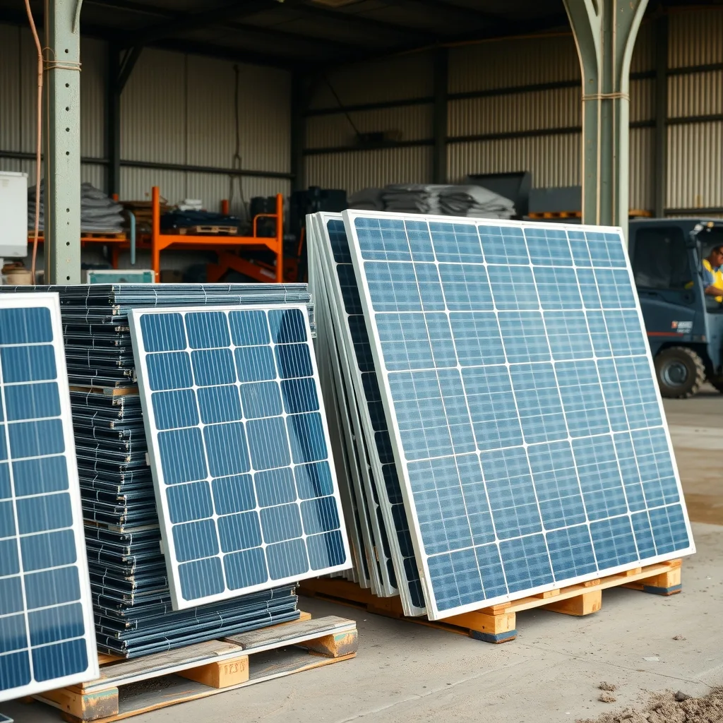 Pallets of end-of-life solar panels stacked in a recycling yard