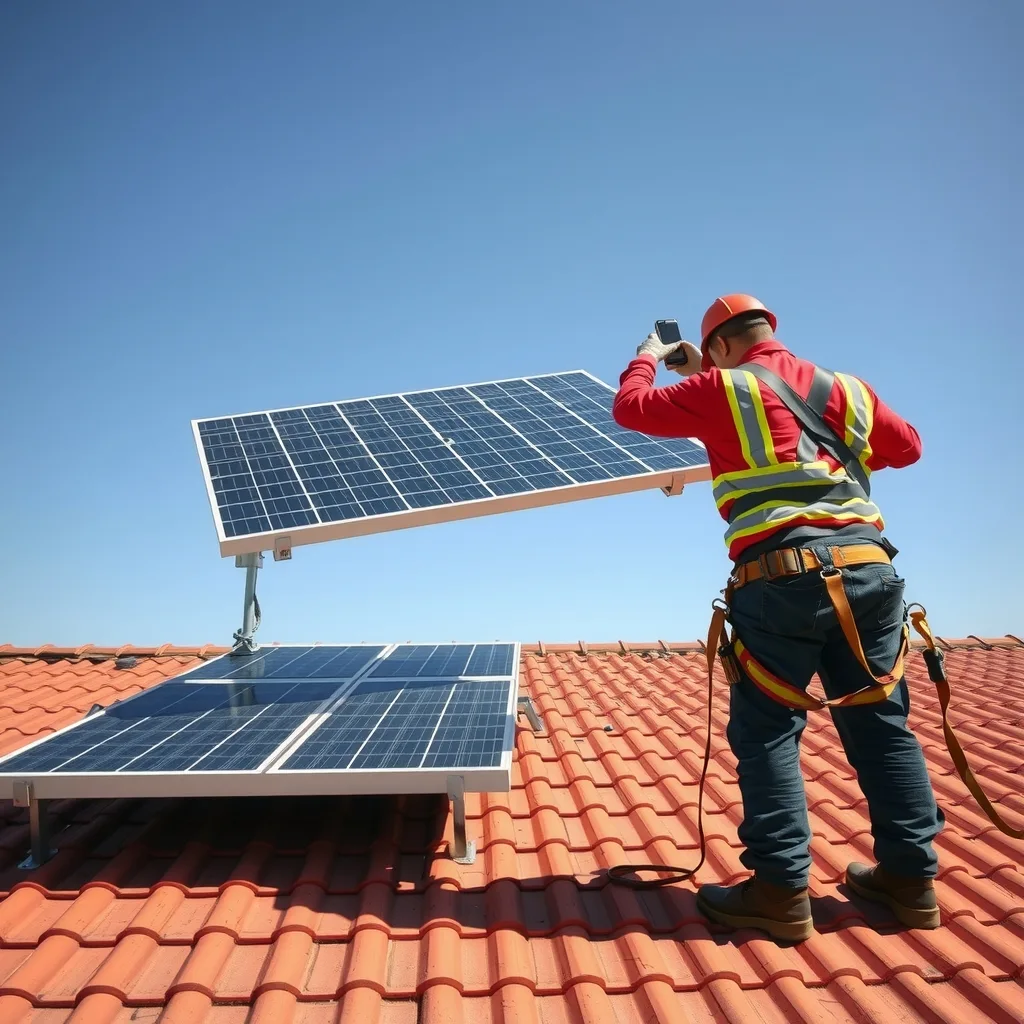 A worker in hi-vis and a harness removing a solar panel from a suburban tiled roof
