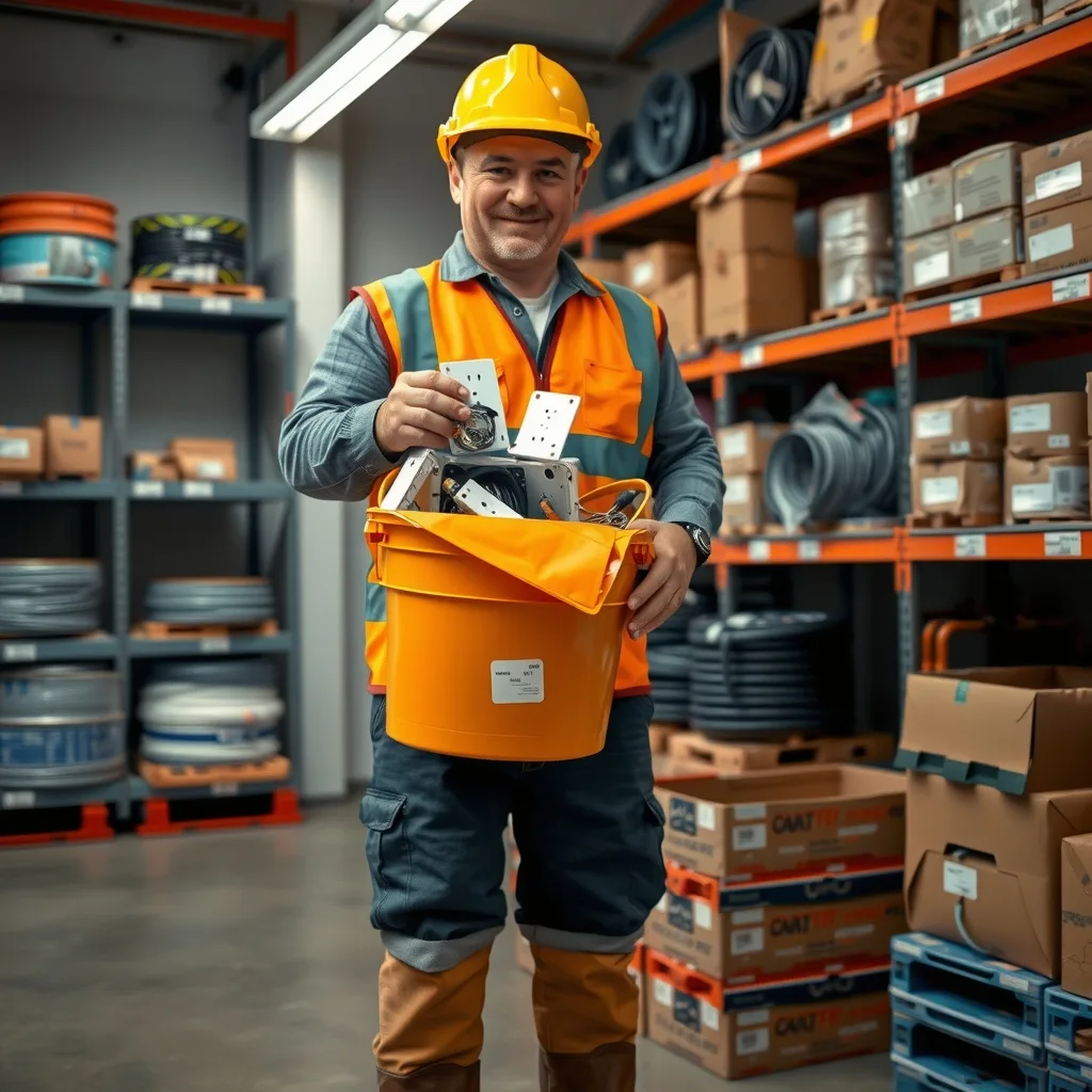 Electrician at a wholesaler trade counter holding a bucket of removed switches and power points