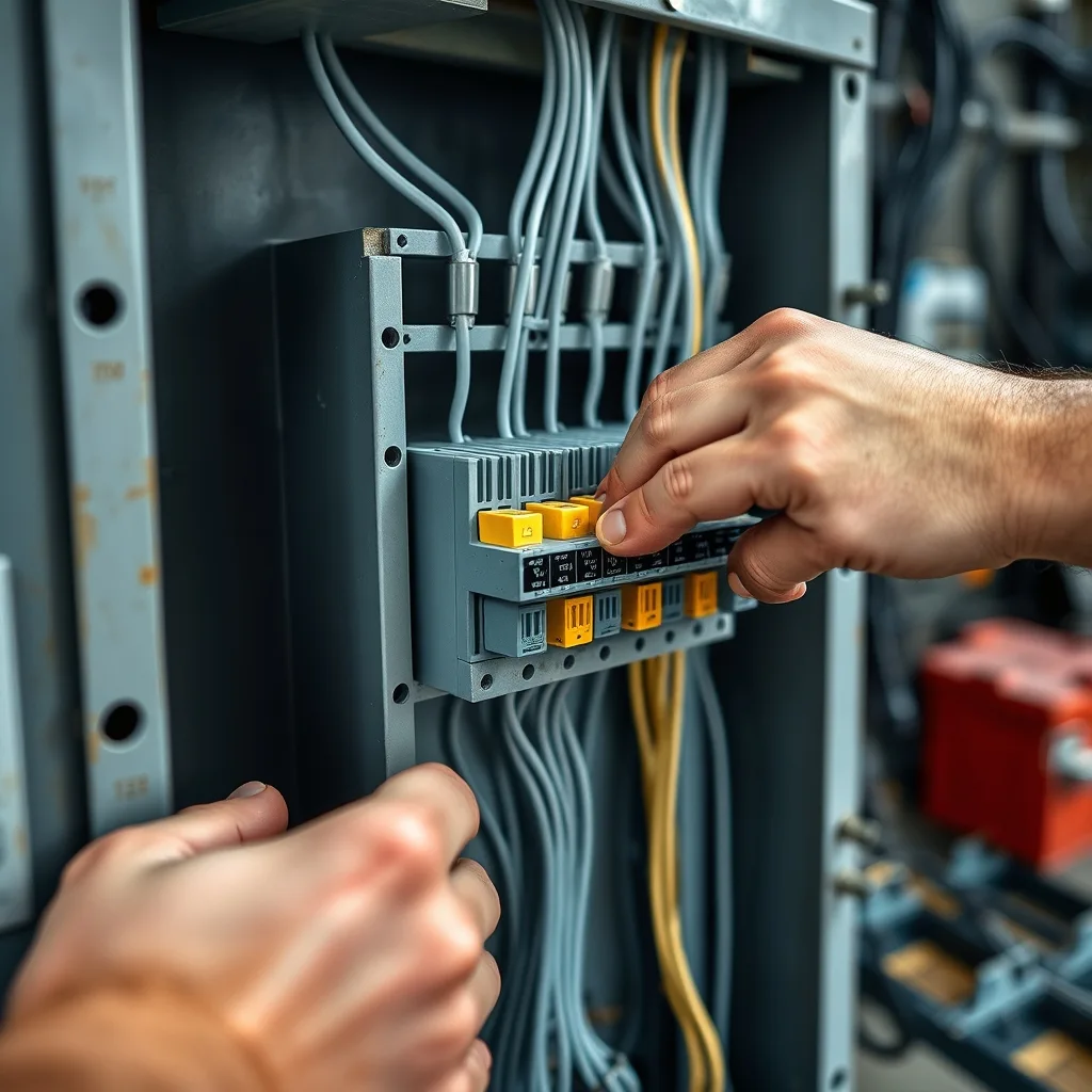 Modular busbar components assembling on an open switchboard frame in an electrical workshop.