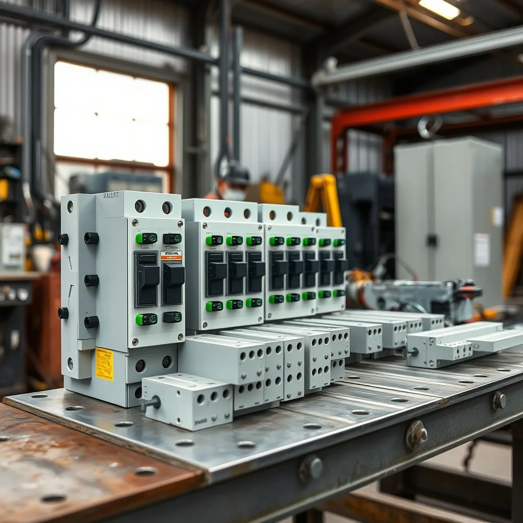 Modular electrical switchgear components and copper bus bars arranged on a workbench in an industrial electrical workshop.