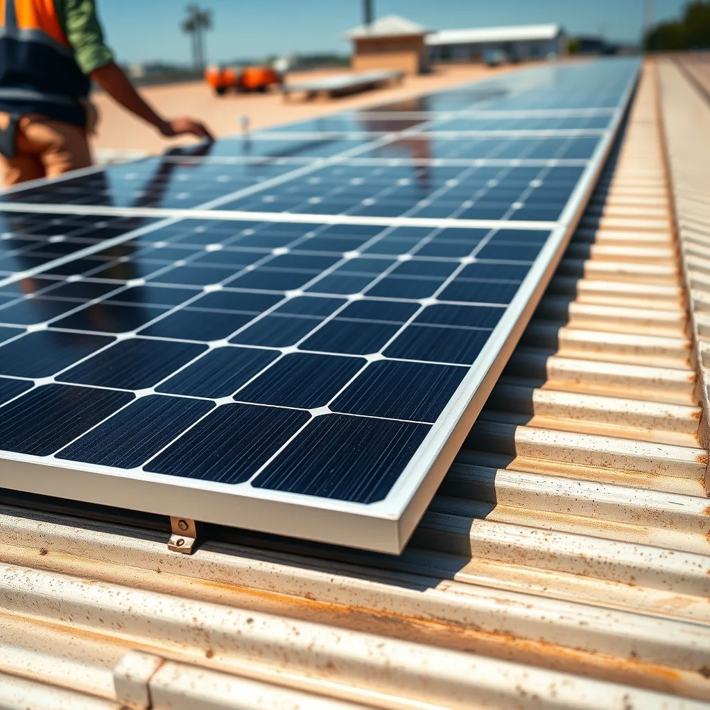 Low-profile solar panels mounted flush to a corrugated metal roof without rails