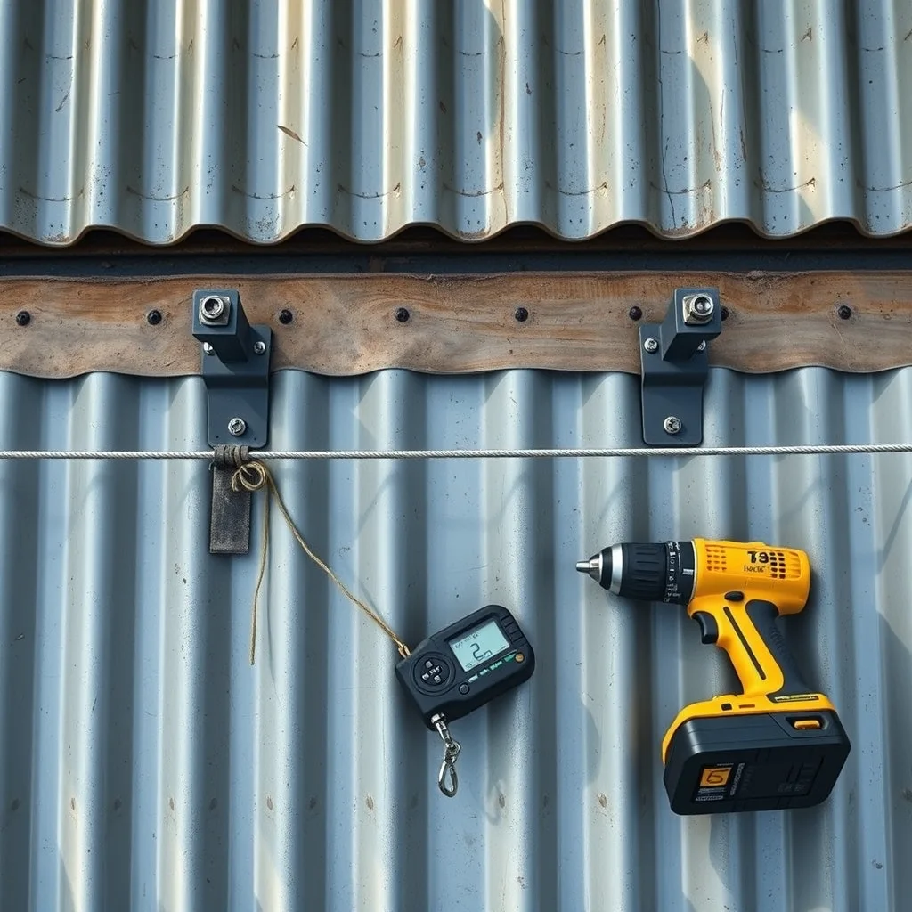 String line run between two brackets across a corrugated steel roof, with tape measure and drill