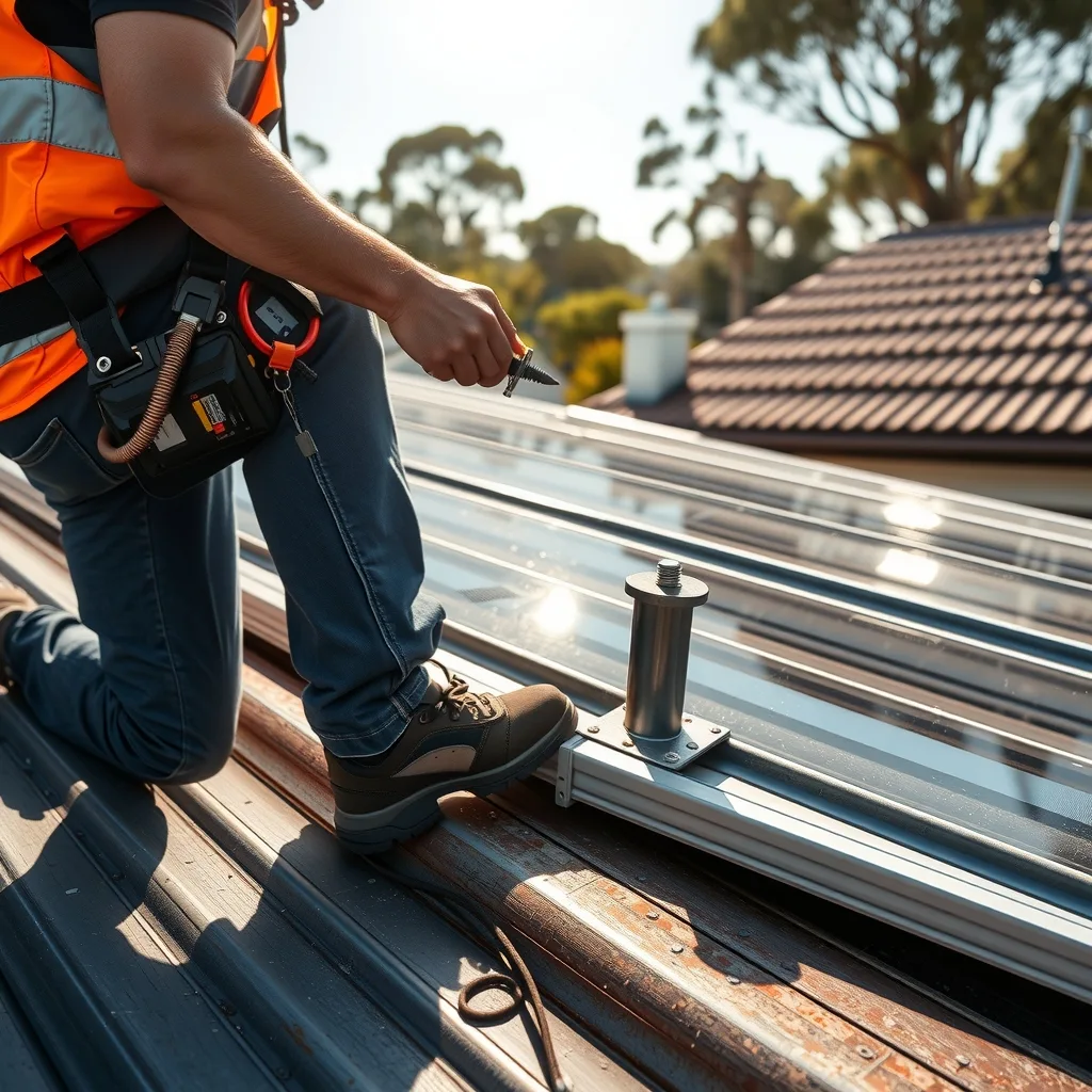 Installer fixing a metal mounting bracket to the crest of a corrugated steel roof