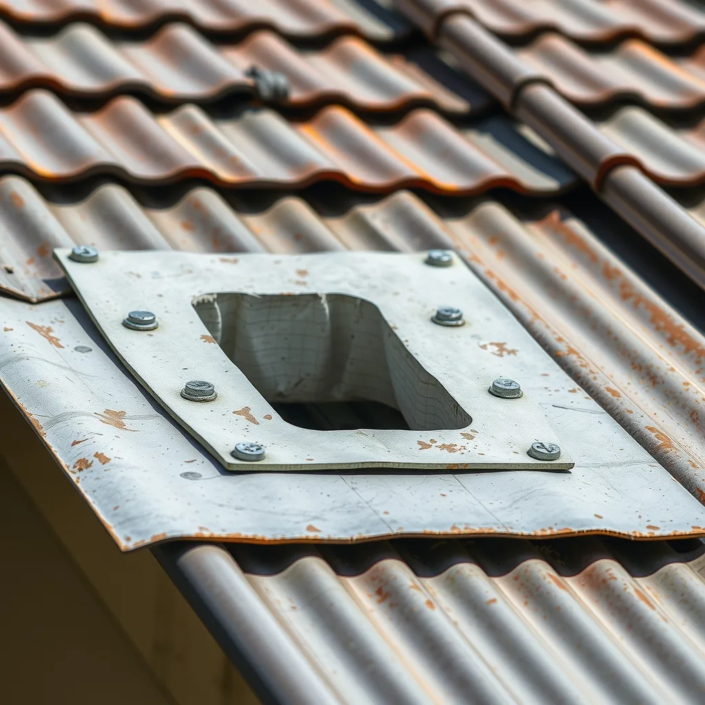 Close-up of a flashing collar sealing a conduit penetration on a steel roof