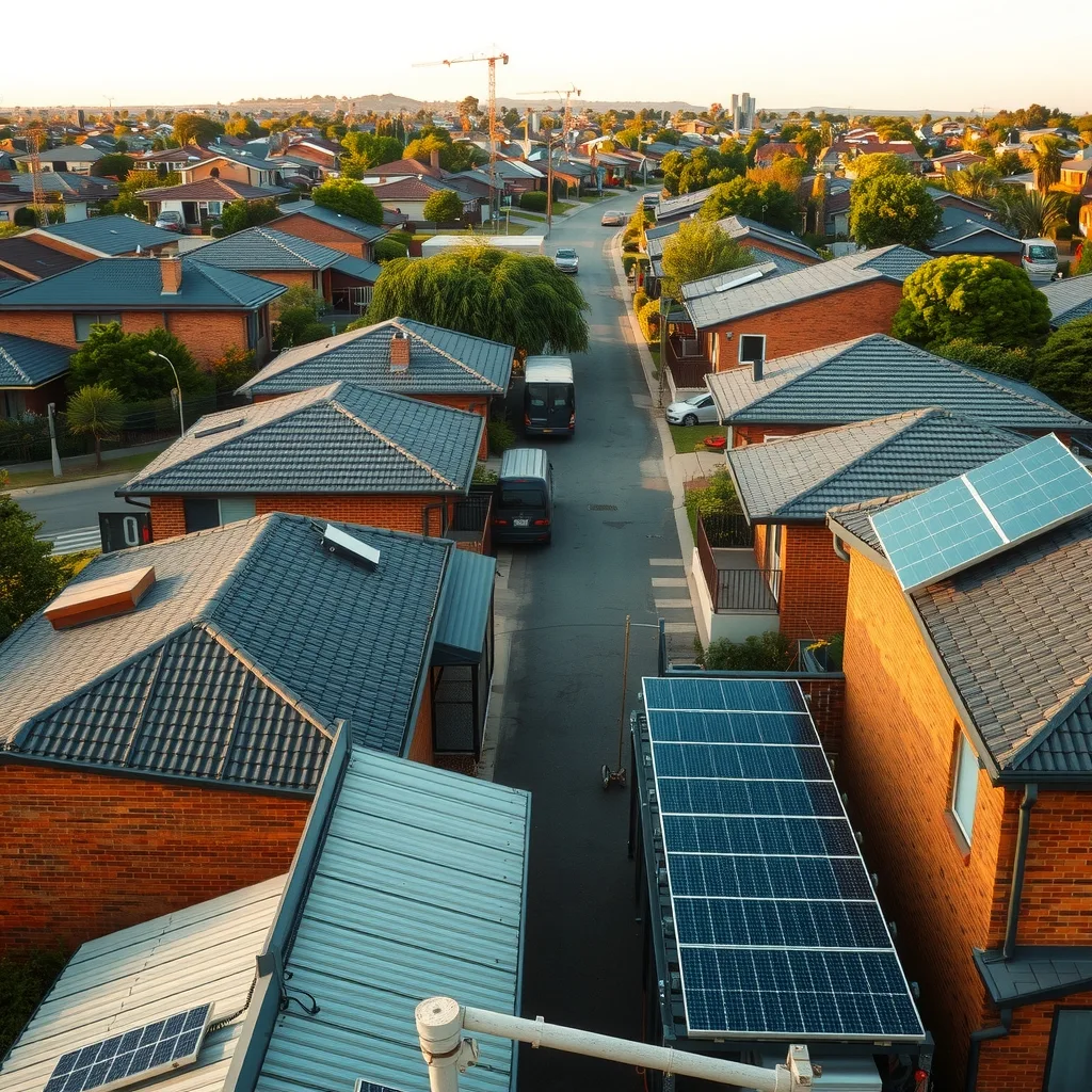 Suburban Australian street with rooftop solar panels on most houses