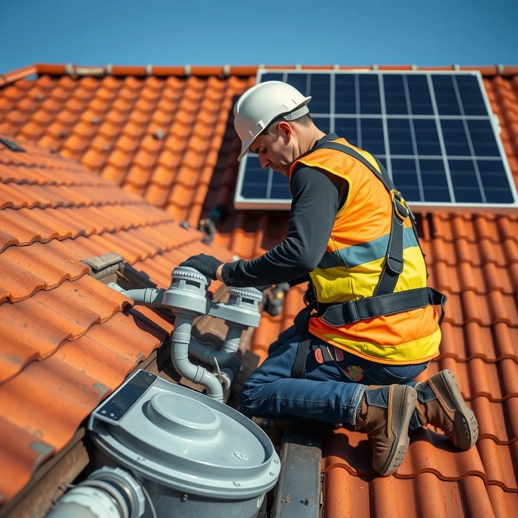 Solar installer feeding conduit through a collar flashing on a tiled roof