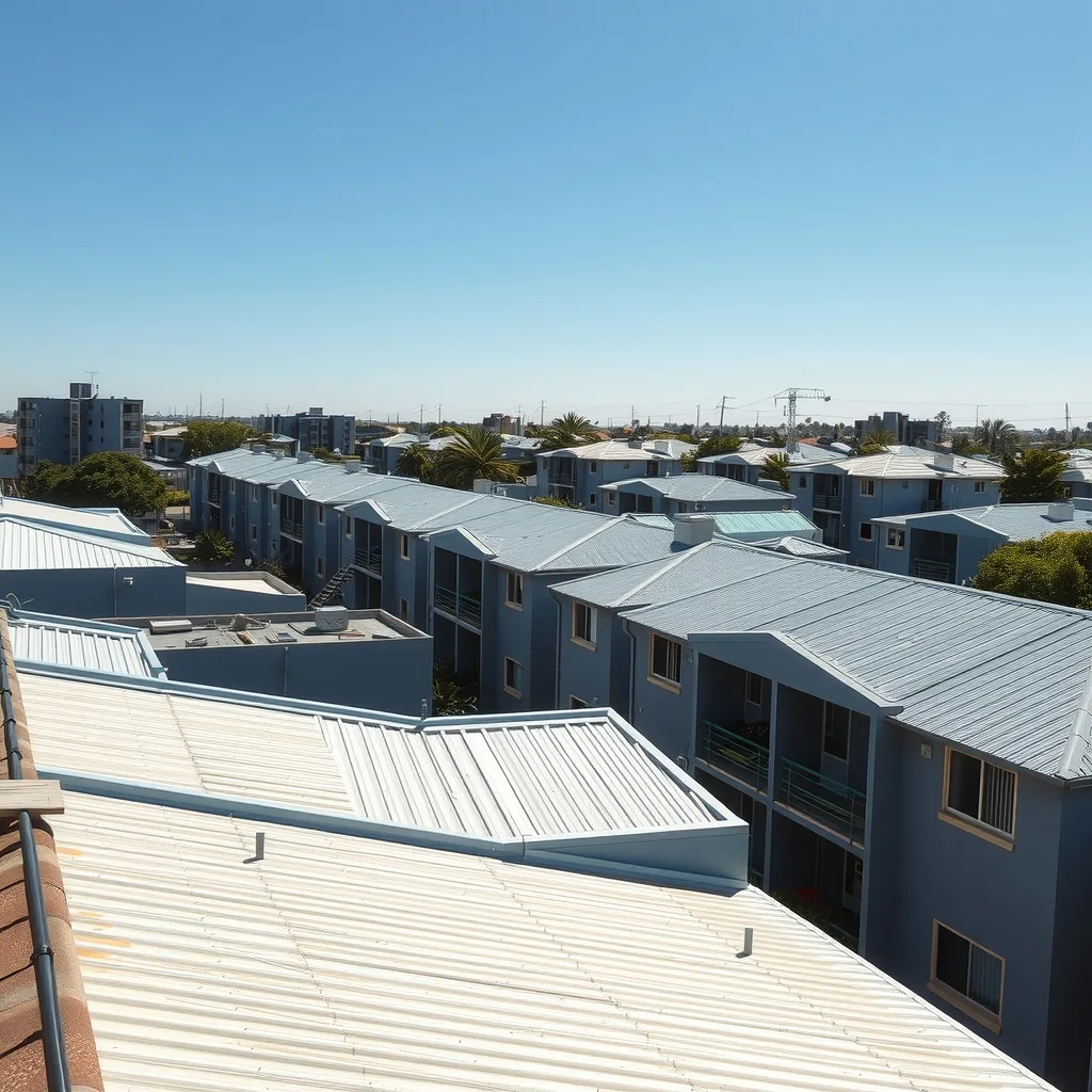Apartment blocks and rental units with bare roofs and no solar panels