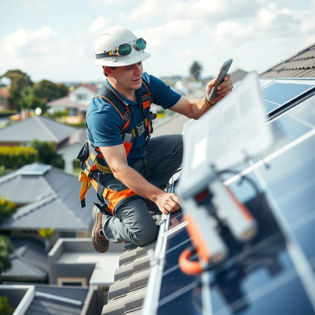 A solar installer fitting mounting rails on a residential roof
