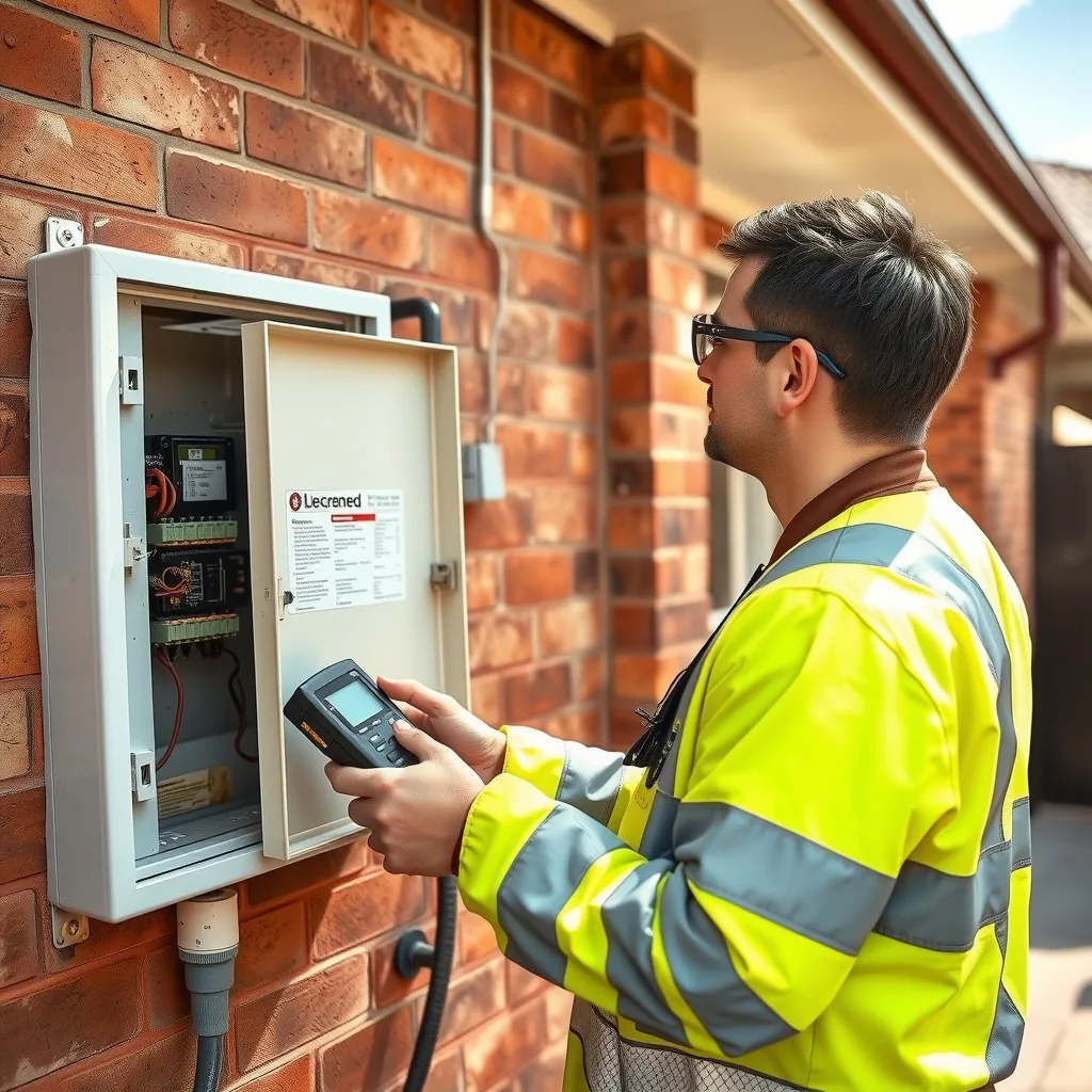 An electrician working at an open meter box on the side of a suburban Australian home