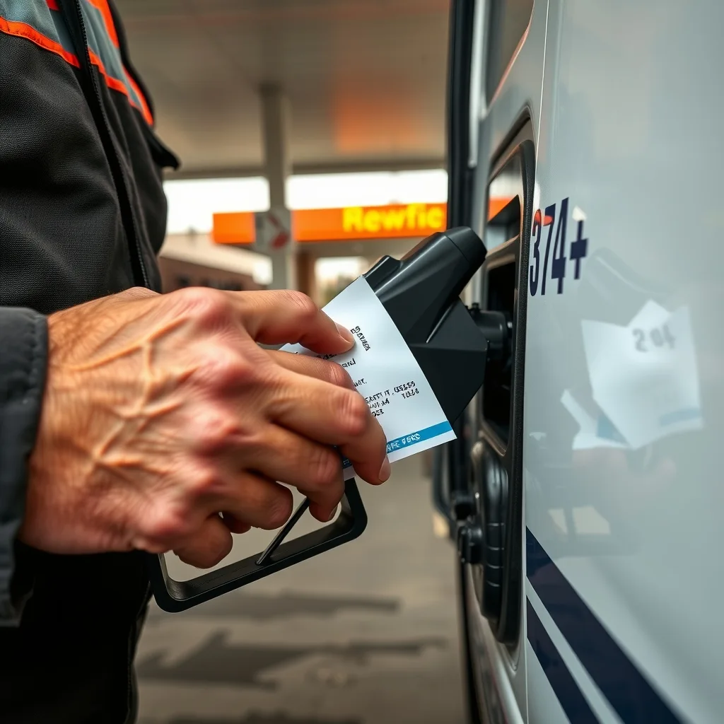 A tradie refuelling a work van and holding a fuel receipt