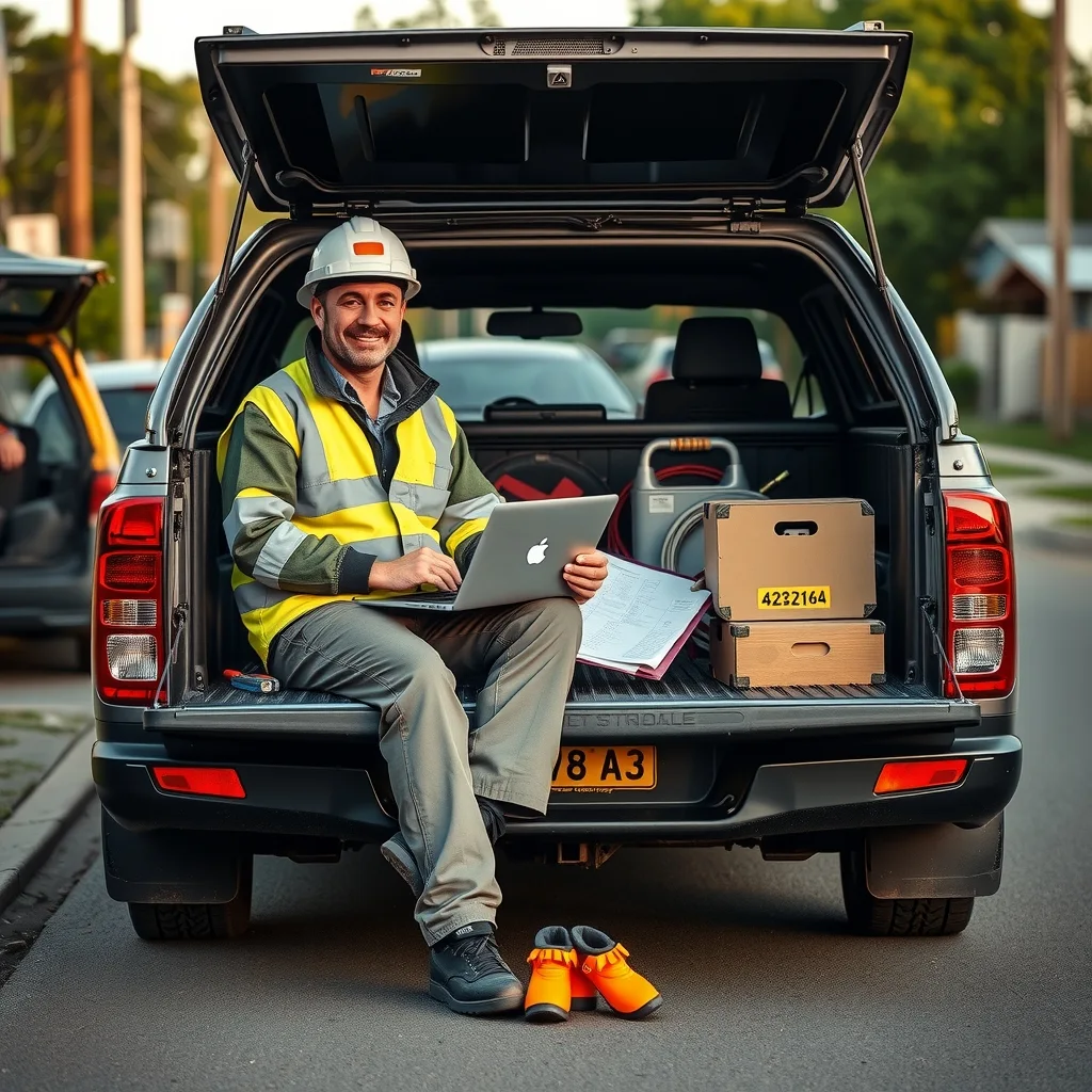 Electrician in hi-vis doing paperwork on the tailgate of a work ute