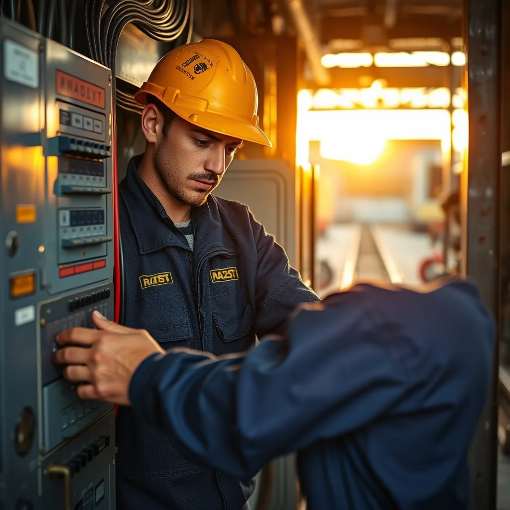 An apprentice trainee working on an electrical switchboard in a Sydney rail maintenance workshop.