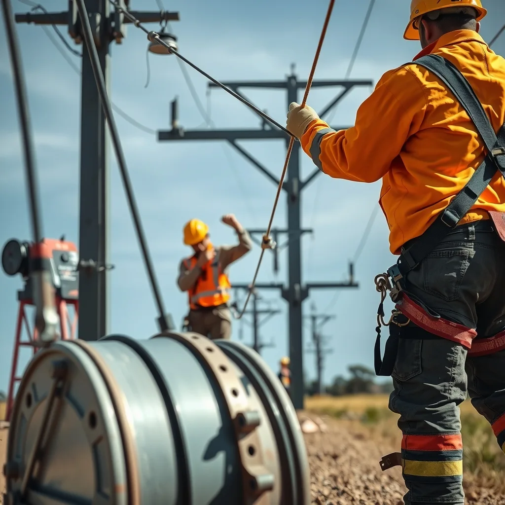 Linesworkers stringing conductor between transmission towers on a rural corridor