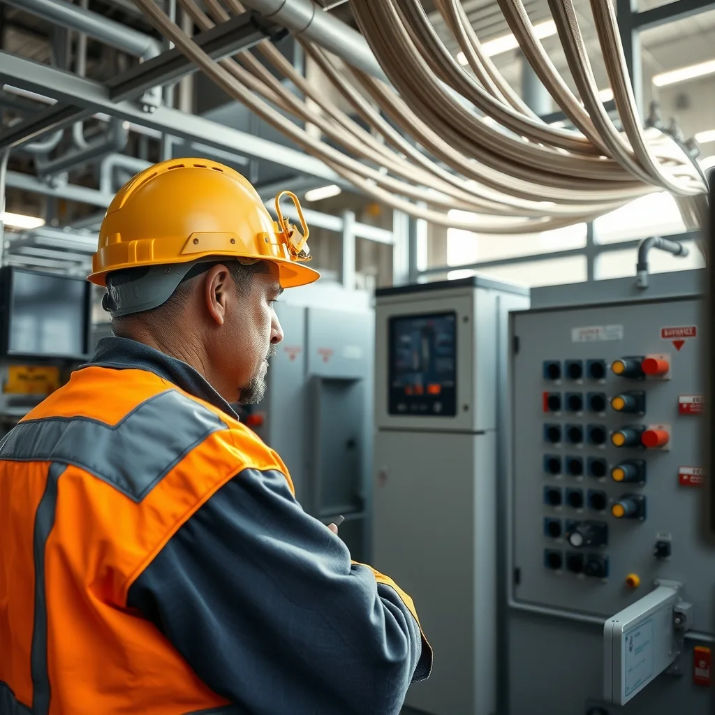 Electrical worker checking protection and control panels inside a substation building