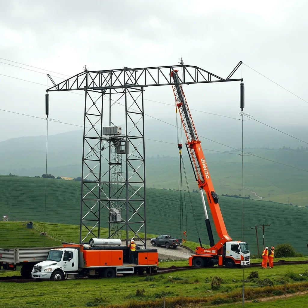 Workers and a crane erecting a steel transmission tower in green farmland