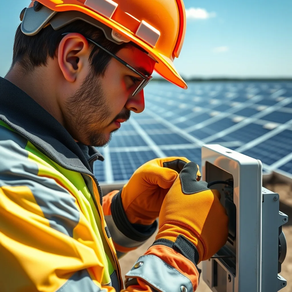 A high-vis worker terminating DC cabling into a combiner box on a solar farm.