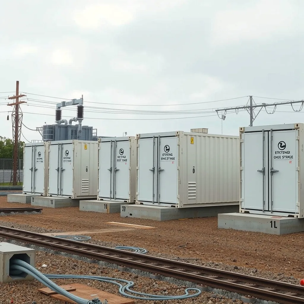 Grid-scale battery storage containers on concrete plinths beside a transformer station.