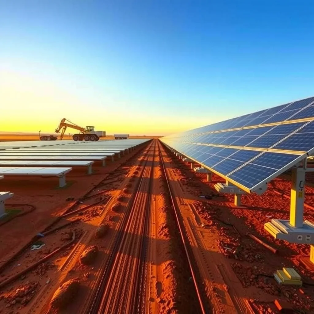 Rows of solar tracker frames under construction on dry red-dirt country, with a piling rig working in the background.