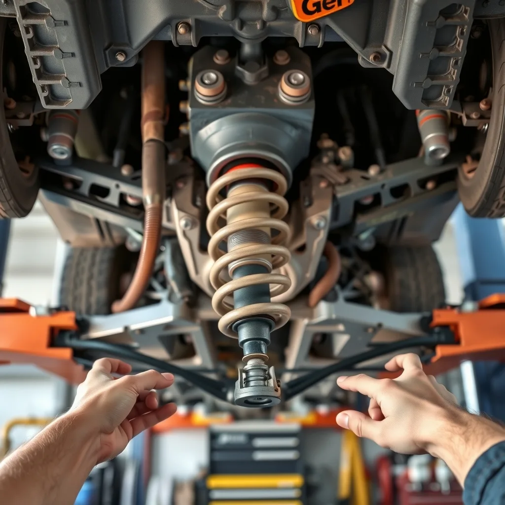 Rear suspension of a four-wheel-drive ute on a workshop hoist