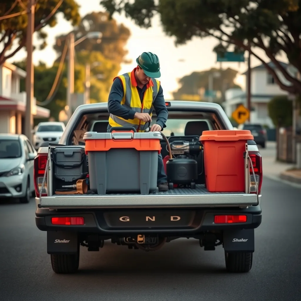 A tradesperson loading toolboxes and a compressor into a ute tray