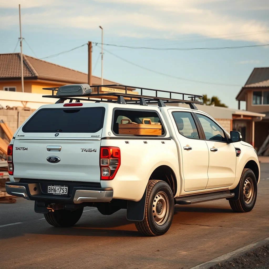 A dual-cab work ute with a steel canopy and ladder rack parked on an Australian building site