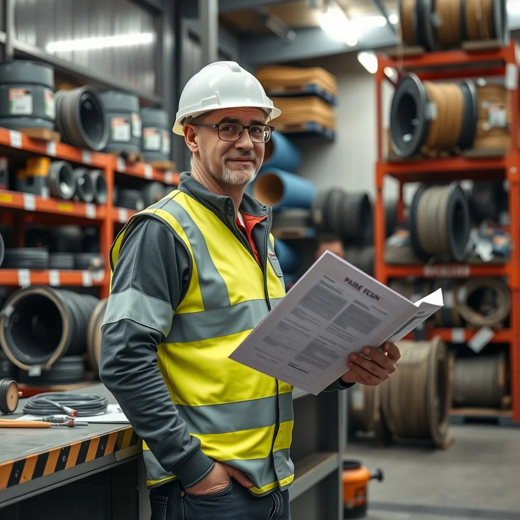 Tradesperson in high-vis waiting at the counter of an electrical wholesaler