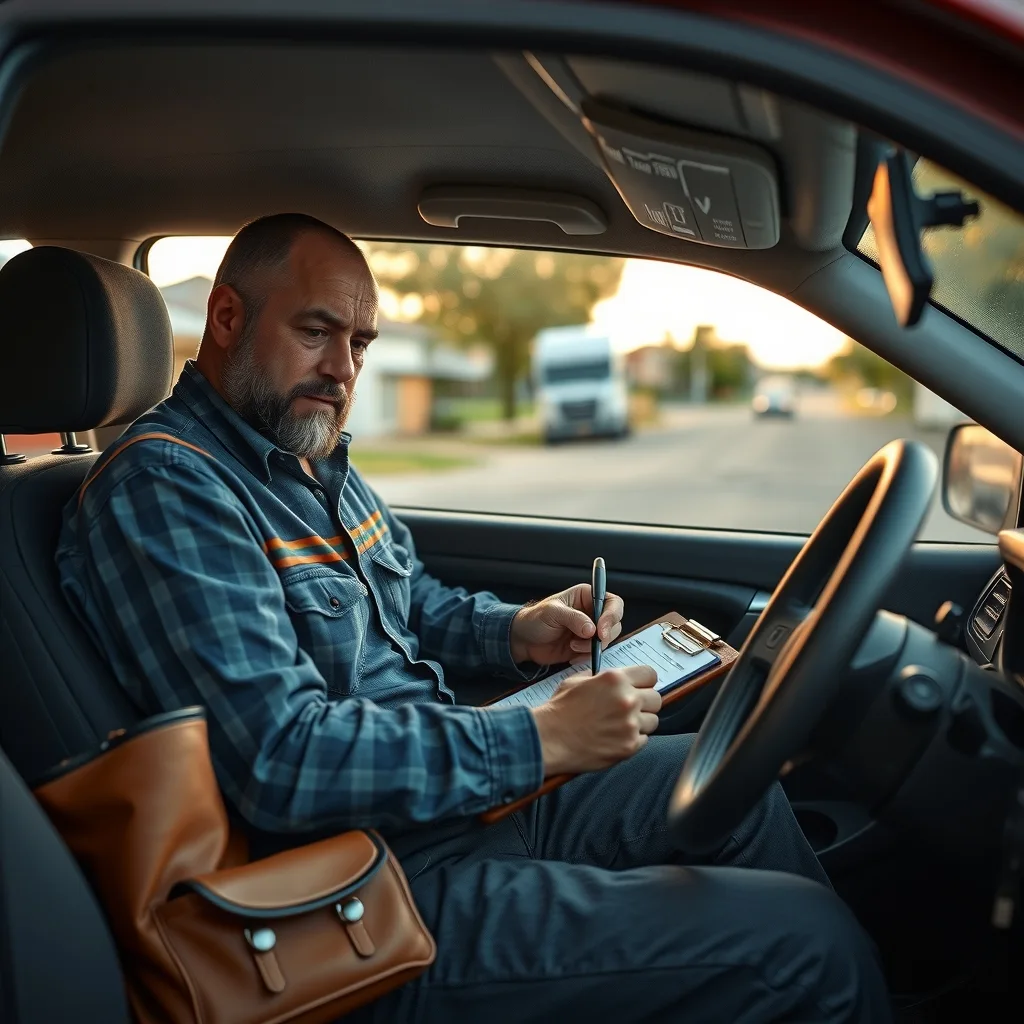 Electrician filling in a timesheet on a clipboard in the cab of a work ute at the end of the day