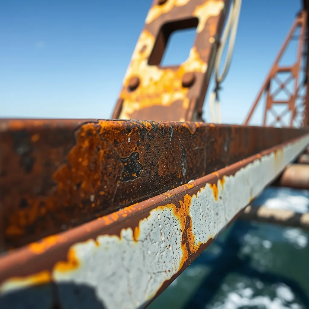 Rust breaking through flaking paint on a steel bridge girder