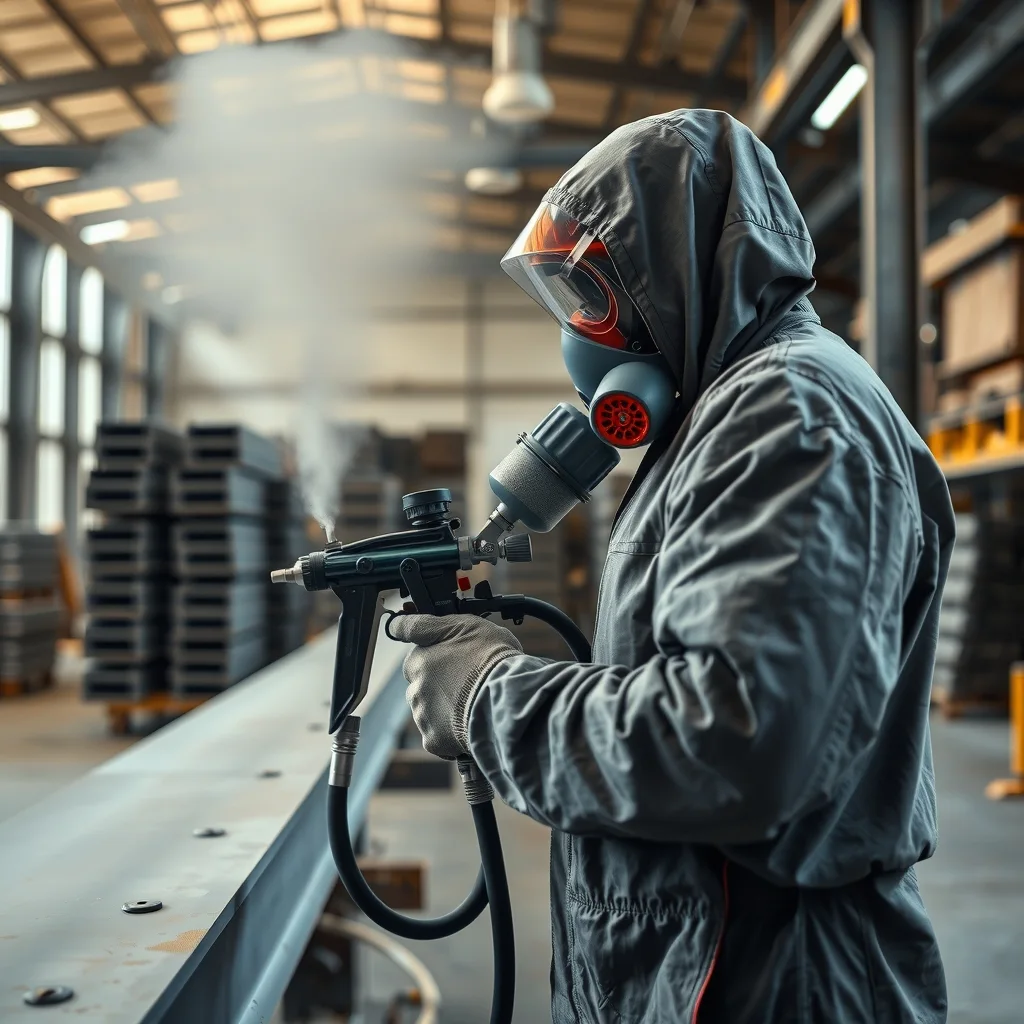 A painter in a spray suit and respirator coating structural steel beams in a workshop