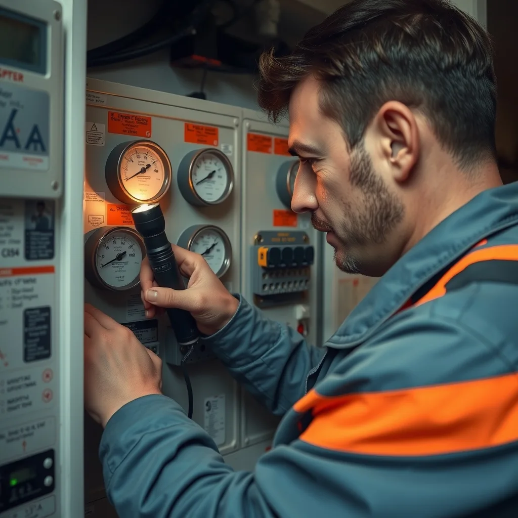 Electrician working at a multi-meter switchboard inside an apartment building plant room