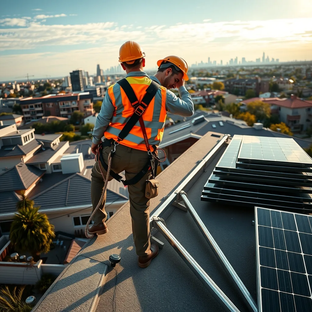Solar installers fixing mounting rails on the flat roof of a mid-rise apartment building