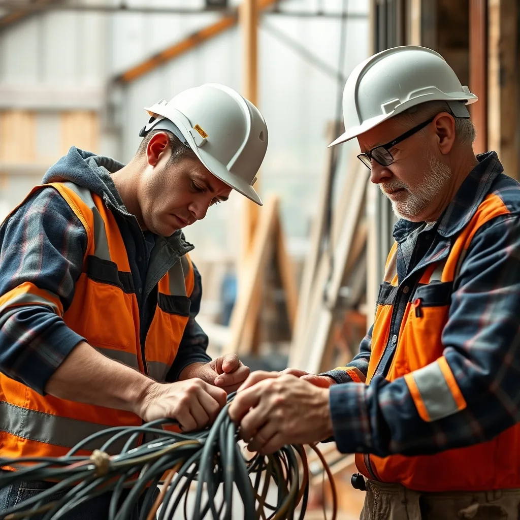 An apprentice and experienced tradesperson working on electrical cabling in a construction workshop.