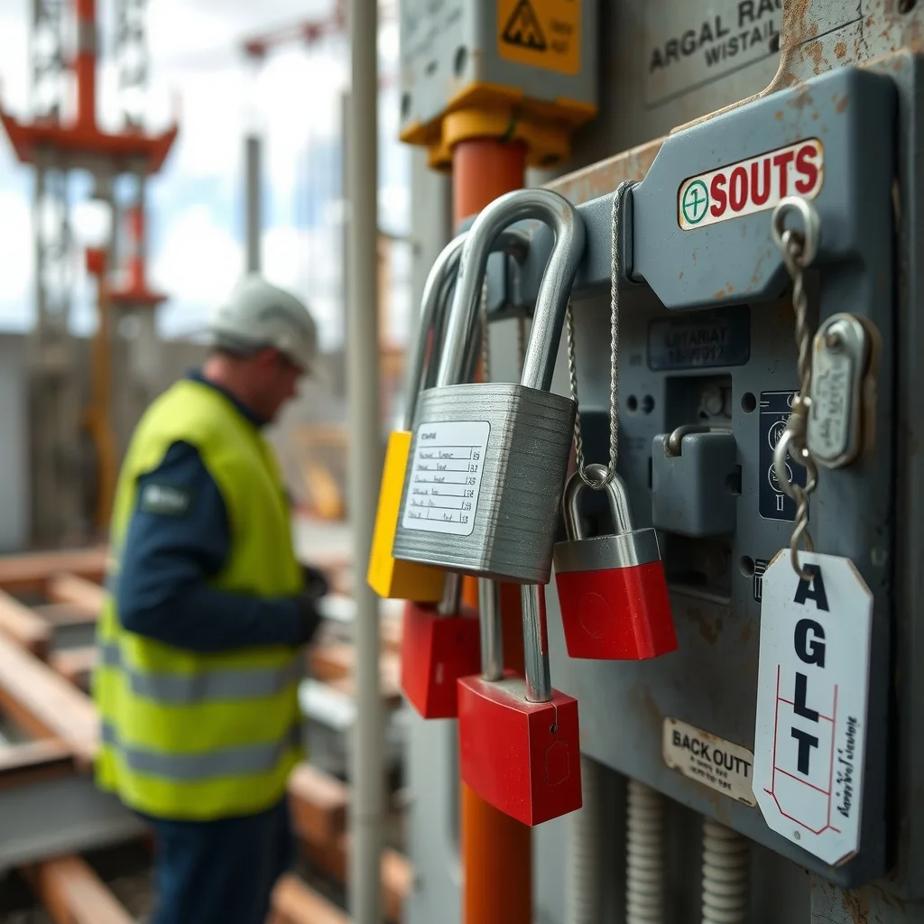 Multiple padlocks and tags fitted to an electrical isolator on a construction site
