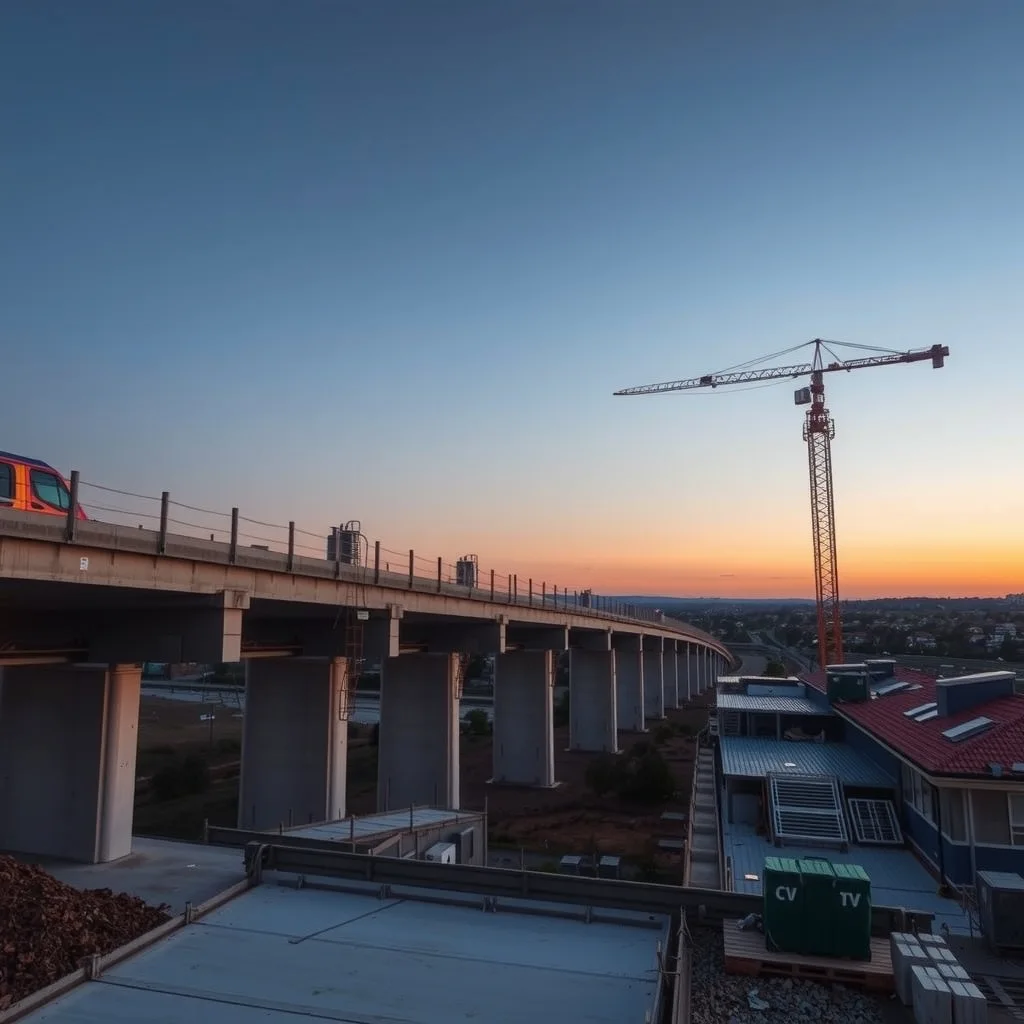 Elevated metro viaduct under construction in outer western Sydney at dusk