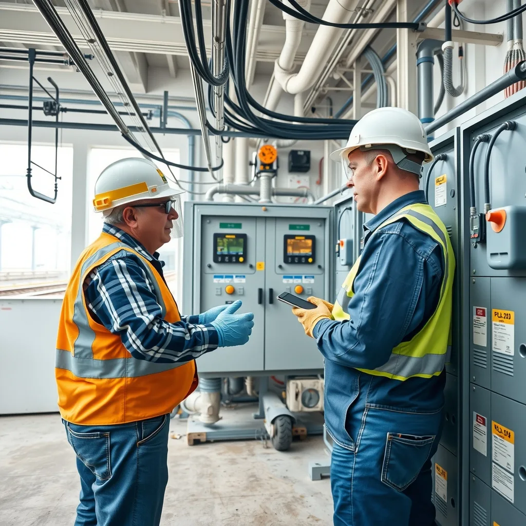 Electricians in arc-rated protective gear working at a high-voltage switchboard in a rail substation