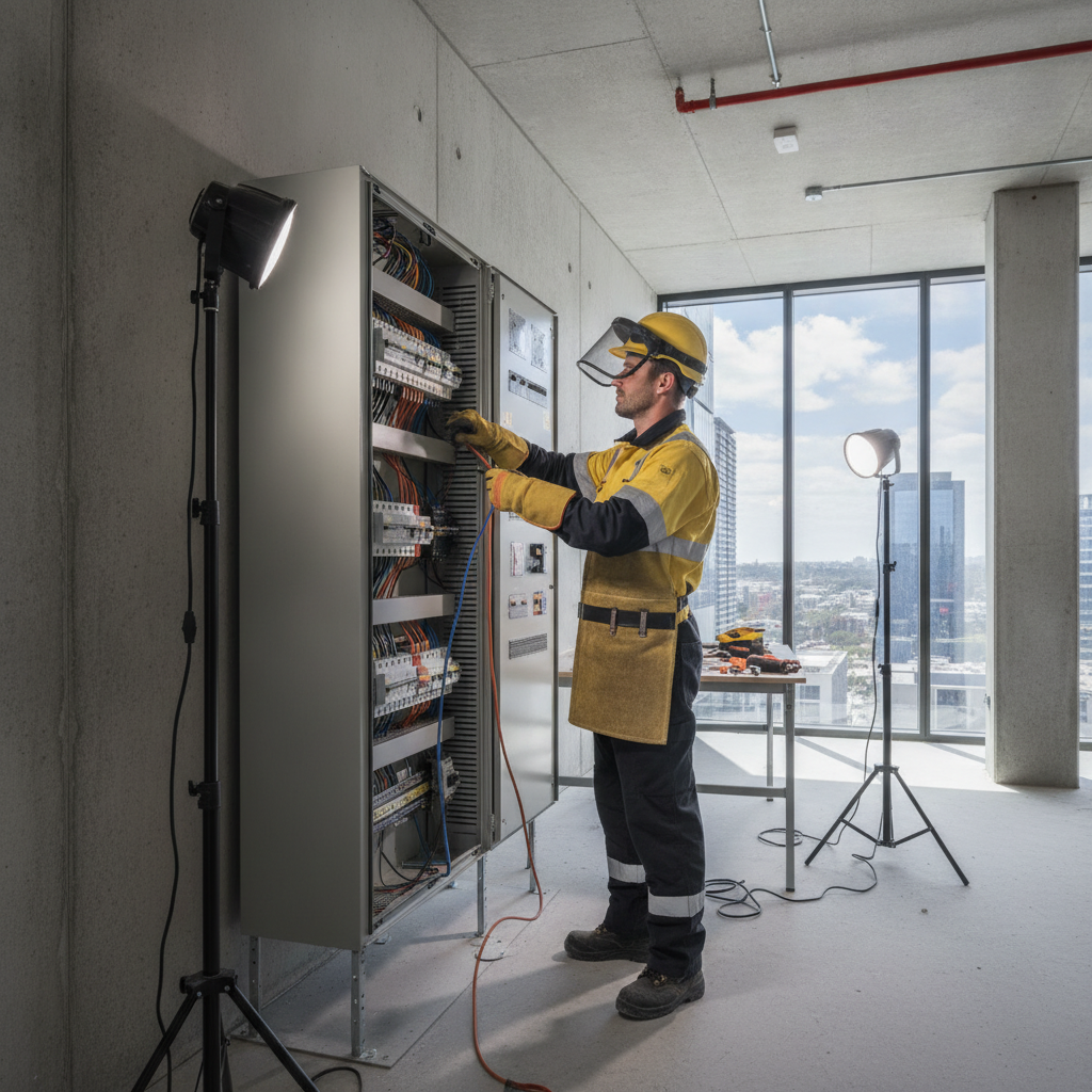 Electrician wiring a commercial switchboard in a modern Australian building