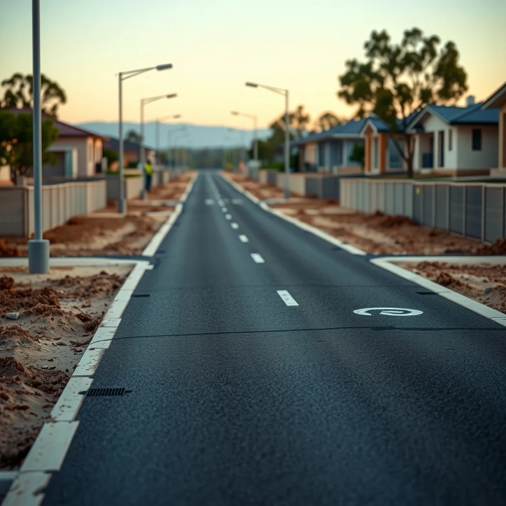Empty serviced housing lots with new roads, kerbs and street lights but no houses built yet.