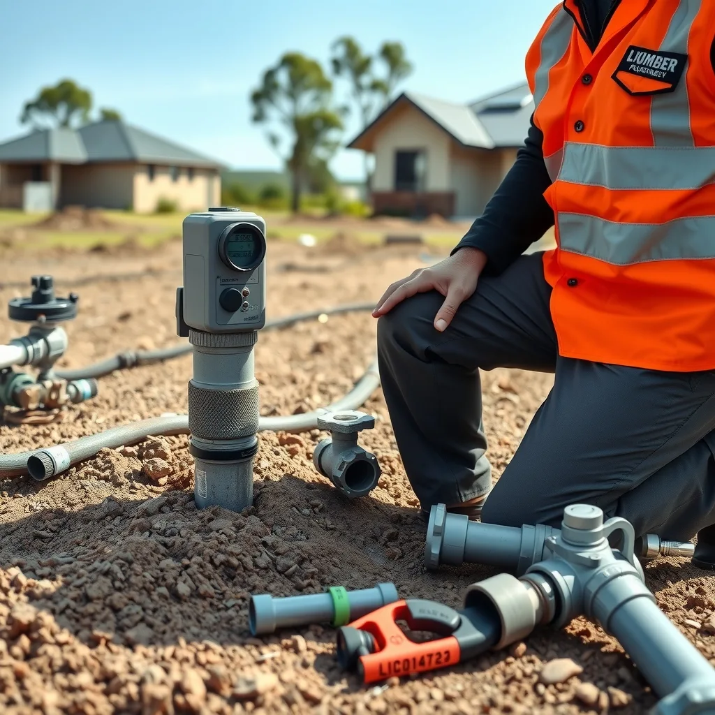 Plumber connecting a water service at the boundary of a new house block.